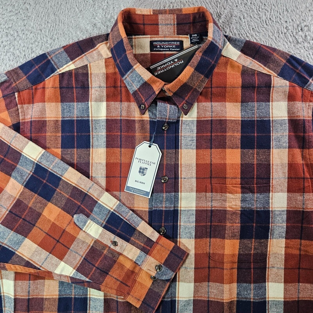 NWT Roundtree & Yorke Portuguese Flannel‎ Shirt Men 3XB Navy Blue Brown Plaid